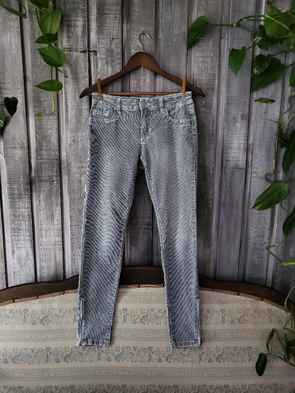 Suko Jeans Striped Skinny Jeans Ankle Zip Blue White 6